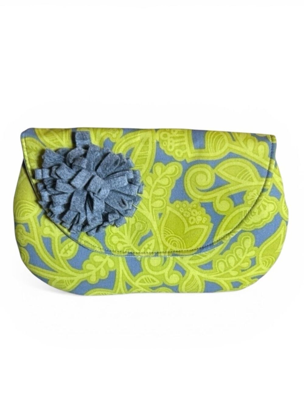 83 West Gray Green and Yellow Paisley Fabric Clutch Pouchette